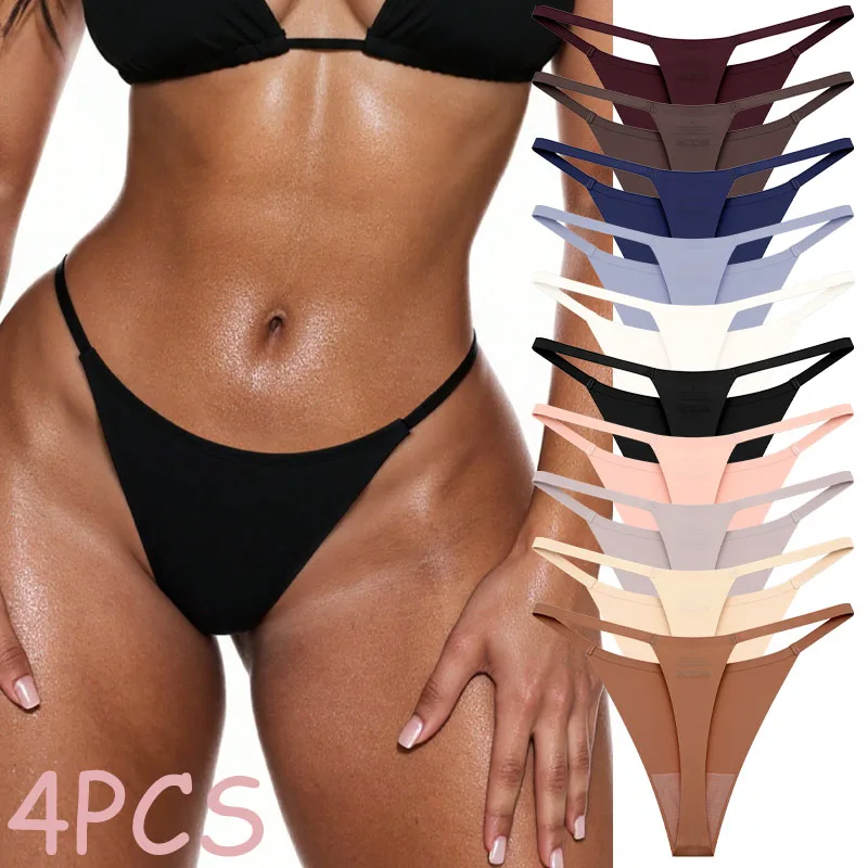 4 Stück/Set Spurlose Eisseide-Höschen für Damen, sexy Tangas mit niedriger Taille, einfarbig, ultradünne Unterwäsche, Damen-G-Strings, Dessous
