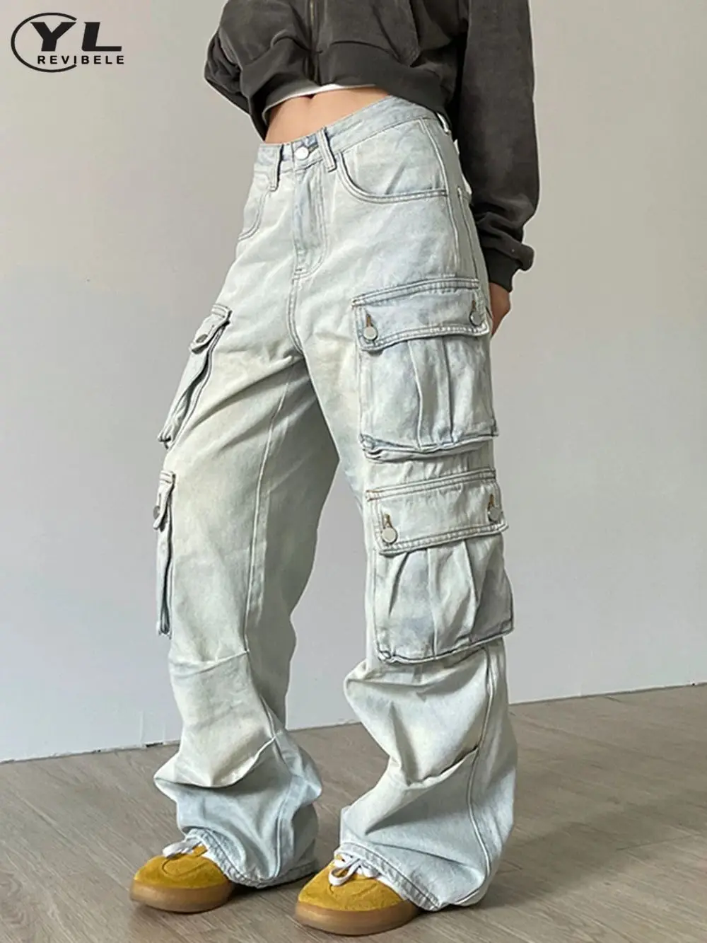 Vintage übergroße Multi Pocket Cargo Jeans Männer Frauen hohe Taille Baggy Straight Denim Hosen Harajuku Hip Hop weites Bein Hosen