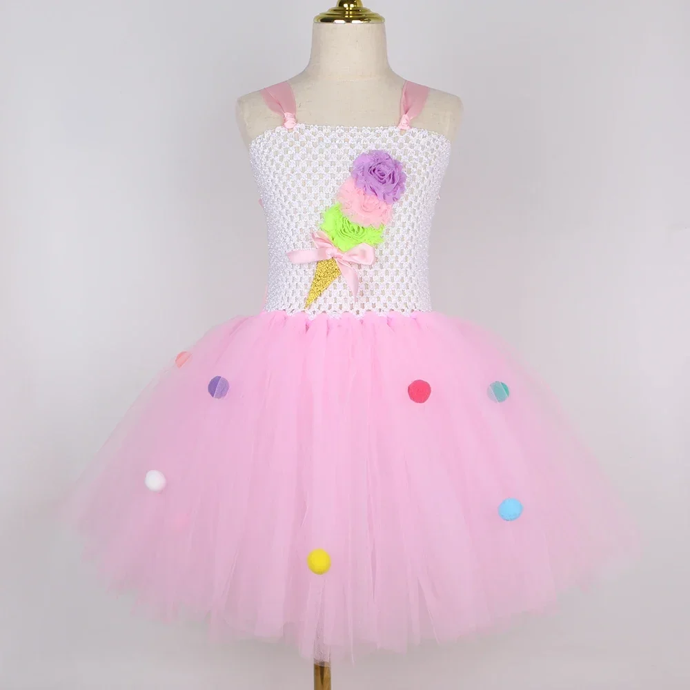 Ice Cream Cone Costume for Girls Sweet Pink Tutu Dress Kids Toddler Halloween Holiday Birthday Party Tulle Princess Dress Up