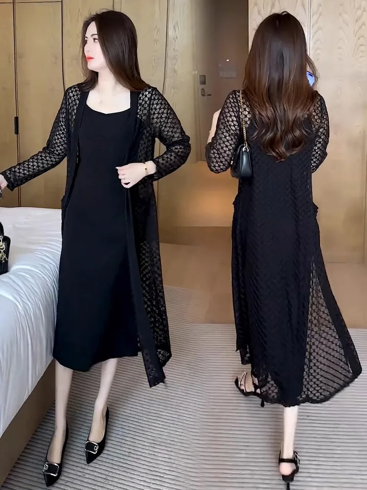 Summer New Women's Midi Dr Set Slimming Sunscreen Outer awl Strap Dr Two-Piece Set Casual Sle Floral Hollow out