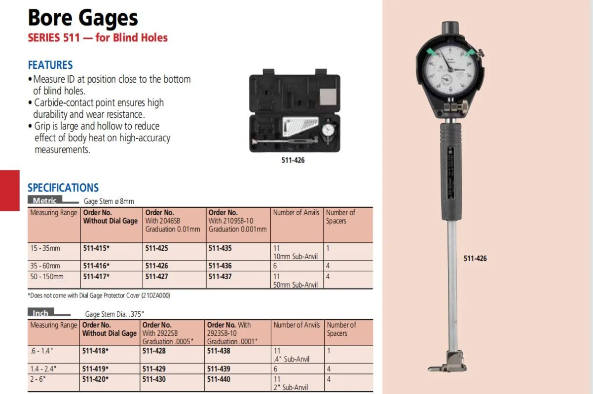 Mitutoyo Bore Gages do otworów ślepych, 15-35mm 35-60mm 50-150mm,511-415 511-416 511-417 bez wskaźnika