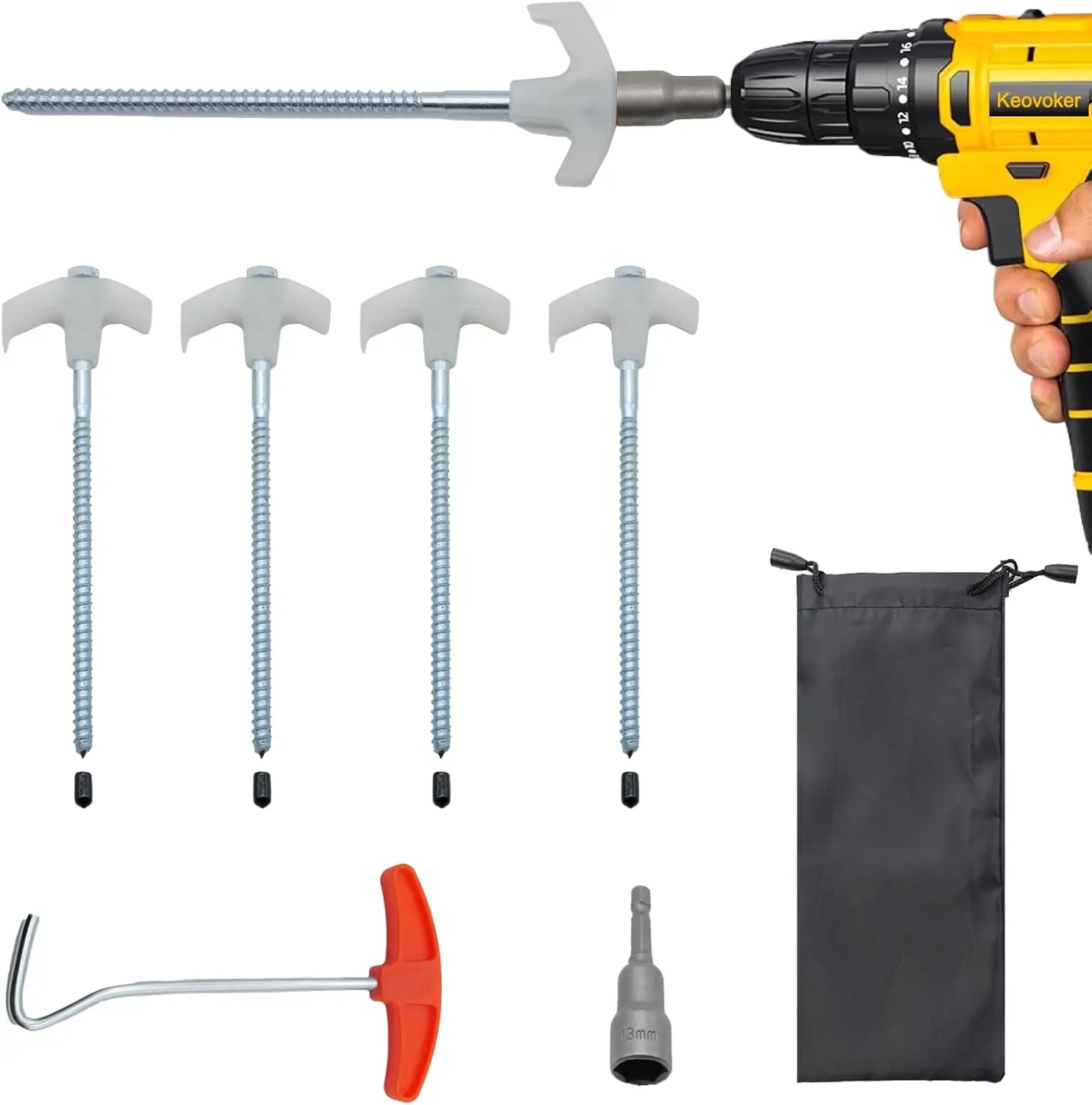 

4 Pa Tent Stakes-8” Drill In Heavy Duty Ground Pegs, Screw In Camping Stake With Hex Head Driver, Spikes Puller, Protector In A