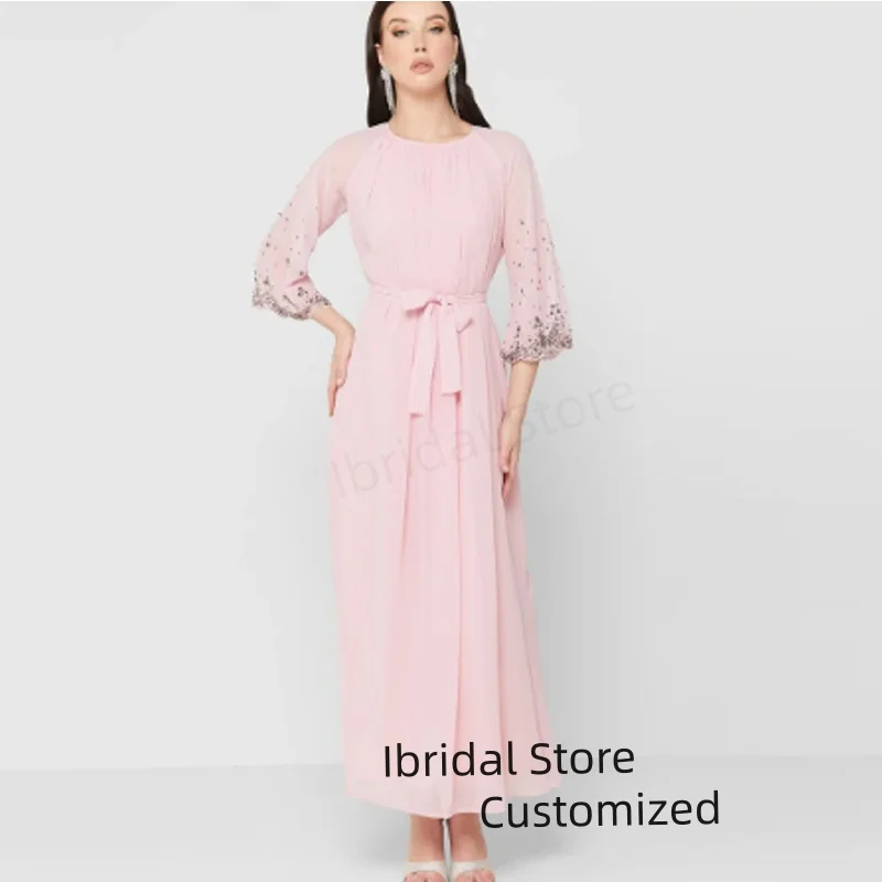 

Customized Elegant Chiffon Beads O Neck Evening Dresses with Ruffles Tie A-Line Tea- Length Prom Dress for Women Party Gowns