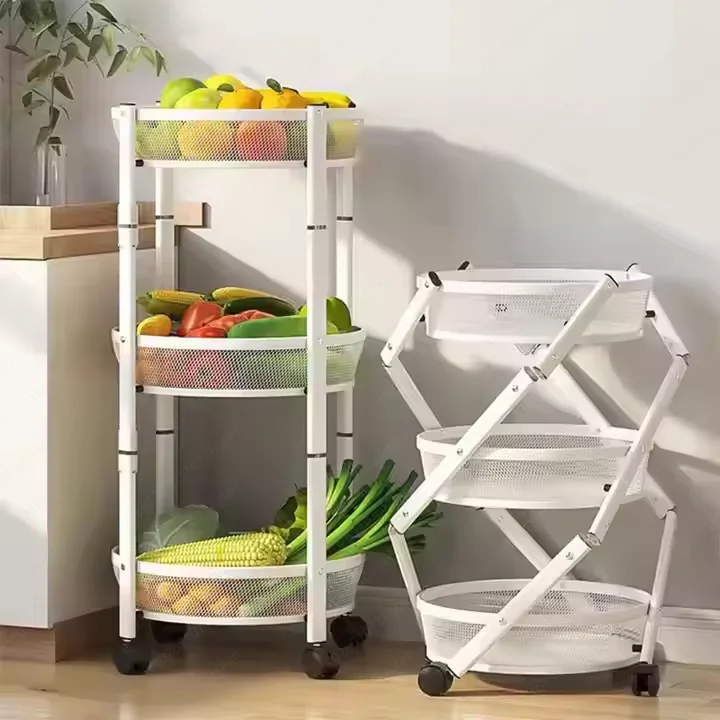 Metal 3-story Kitchen Storage Car Multifunctional Living Room Folding Vegetable and Fruit Rack with Wheels