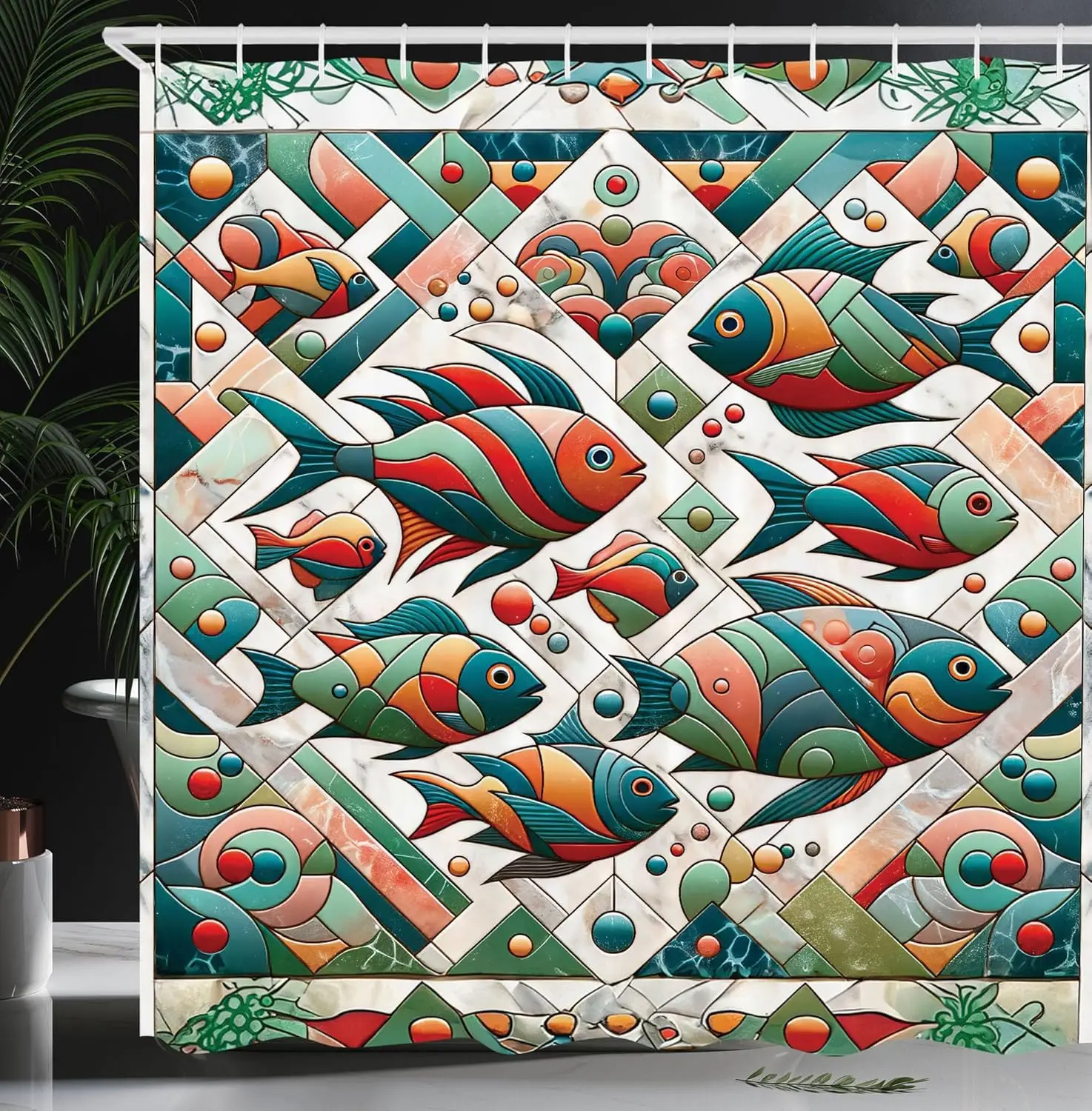 

Красочная занавеска для душа с мозаичным узором в виде рыбок, геометрический художественный дизайн, декор для ванной комнаты в тропическом океанском стиле