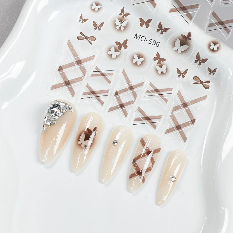1 PC สีขาว Bowknot ตกแต่งเล็บ Y2K DIY อุปกรณ์แต่งเล็บผีเสื้อเส้นตารางรูปแบบ Self-กาวสติกเกอร์เล็บ
