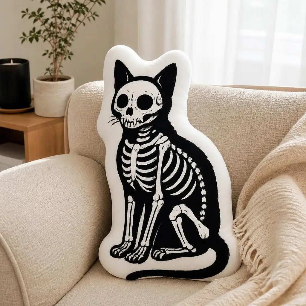 Skeleton Cat Gothic Halloween Decor  Plush Pillow Cushion Stuffed Throw Pillow Home Decor Sofa Bed Ornament Gift Goth Room Decor