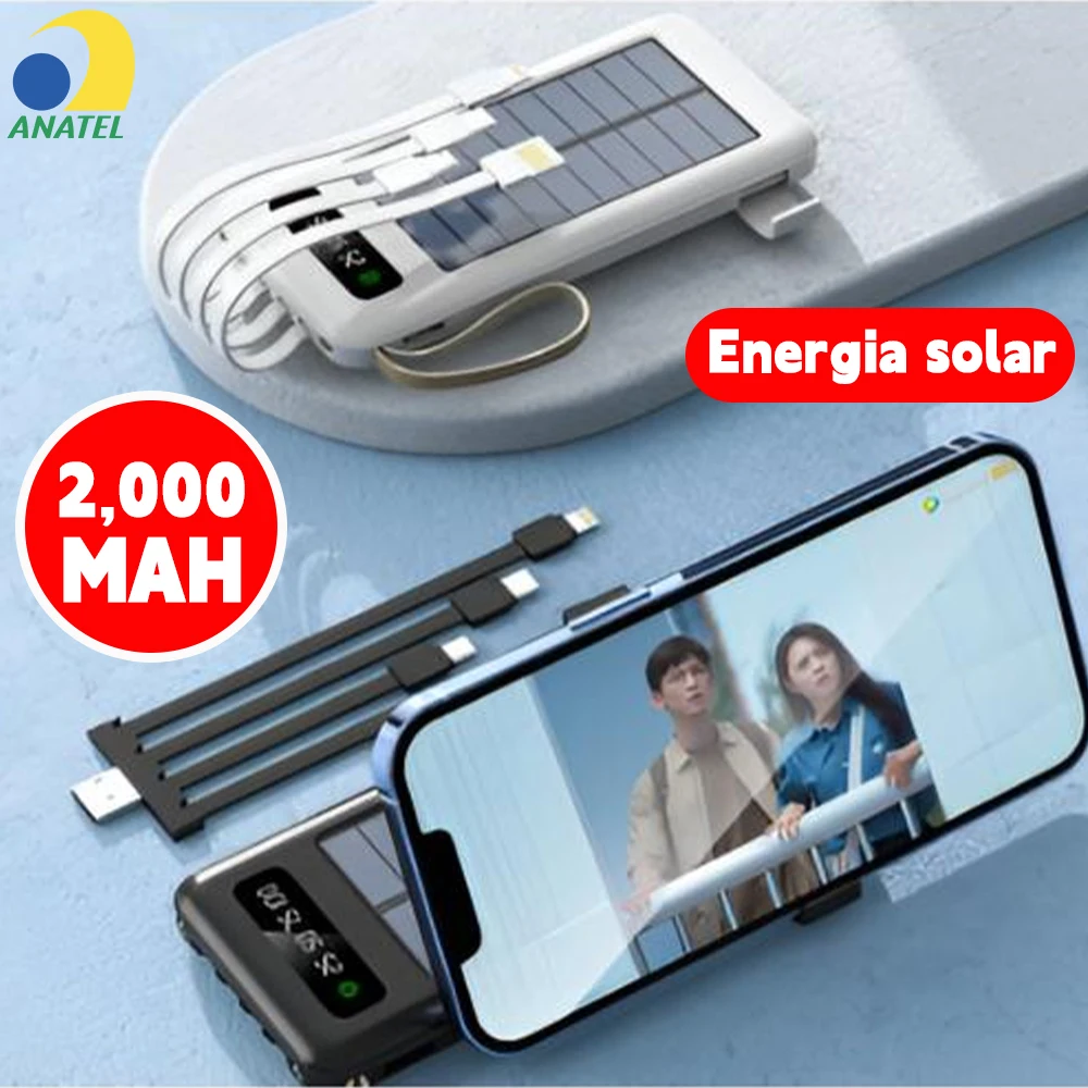 Bateria Externa Solar 20000mAh Com 4 Cabos USB Embutidos Lanterna LED Portátil Para Viagem E Camping