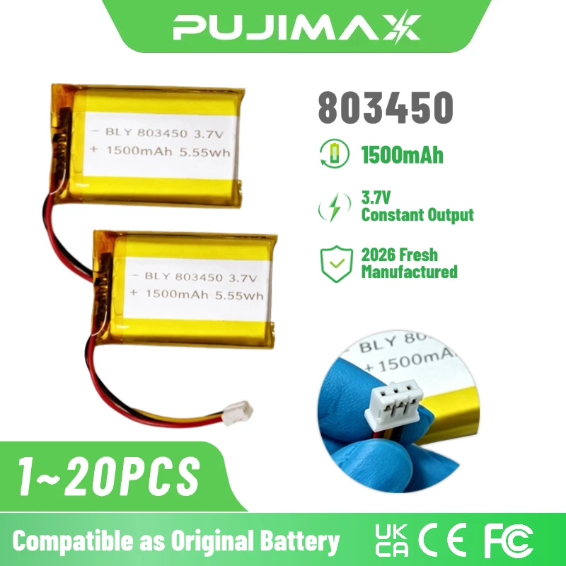 PUJIMAX 3.7V 1500mAh 803450 Multi-purpose Lithium Battery Rechargeable Polymer Battery for Electronic Tools Gaming Audio Devices