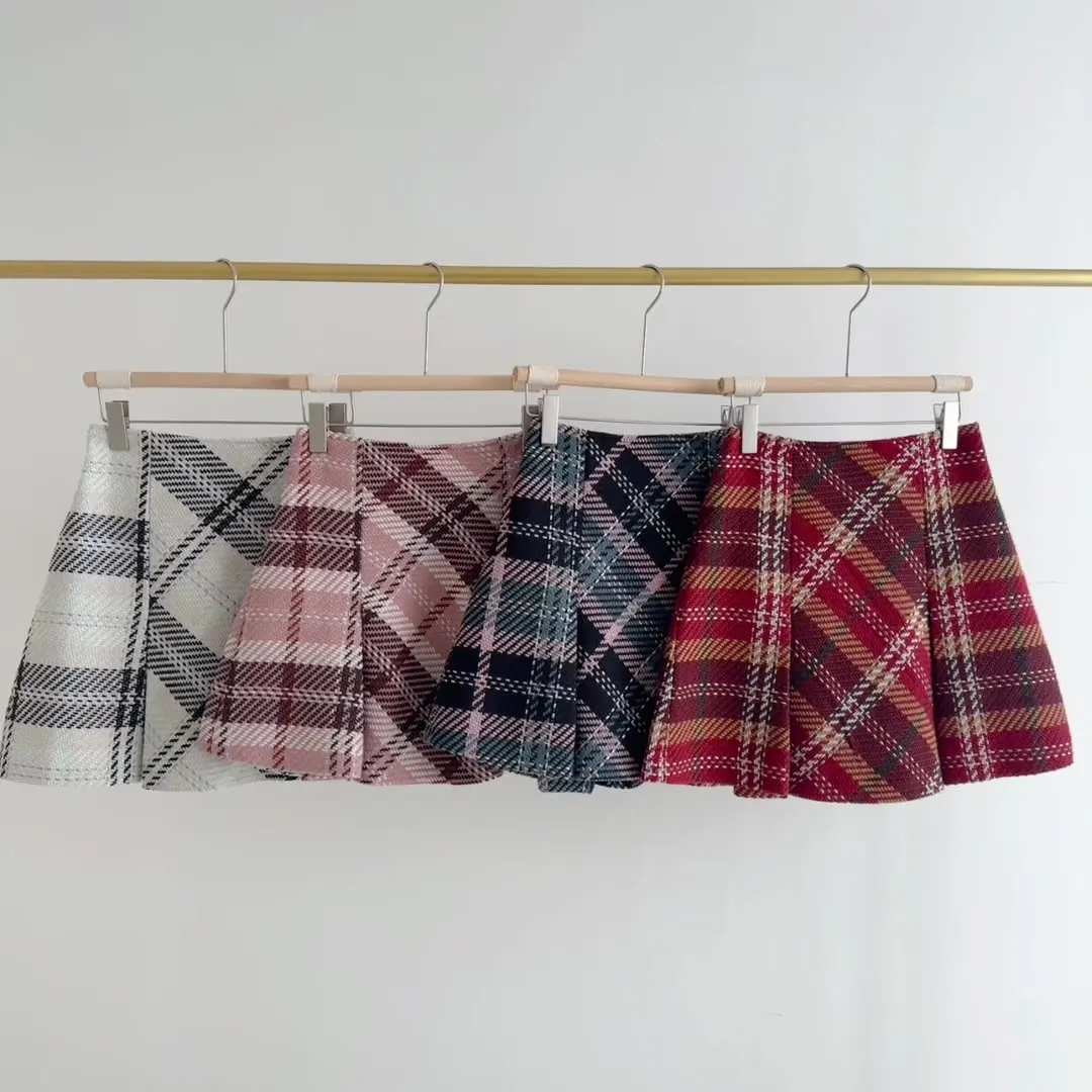 

A-line Ruched Plaid Skirt High Waist New Vintage All-match Wool Tweed Falda Japan Slim Minority Office Lady Mujer Falda