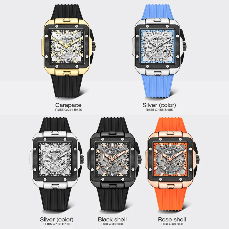 ساعة MEGIR كوارتز كرونوغراف للرجال، مقاومة للماء، رياضية مضيئة، متعددة الوظائف، حزام سيليكون، تاريخ تلقائي