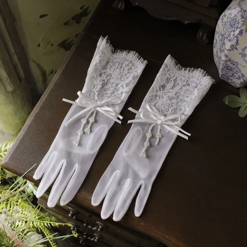 35CM Women's Sheer Tulle Gloves Lace Cuff Bow Faux Pearl Flowers Tassel Elegant Bridal Wedding Evening Party Prom Luxury Style