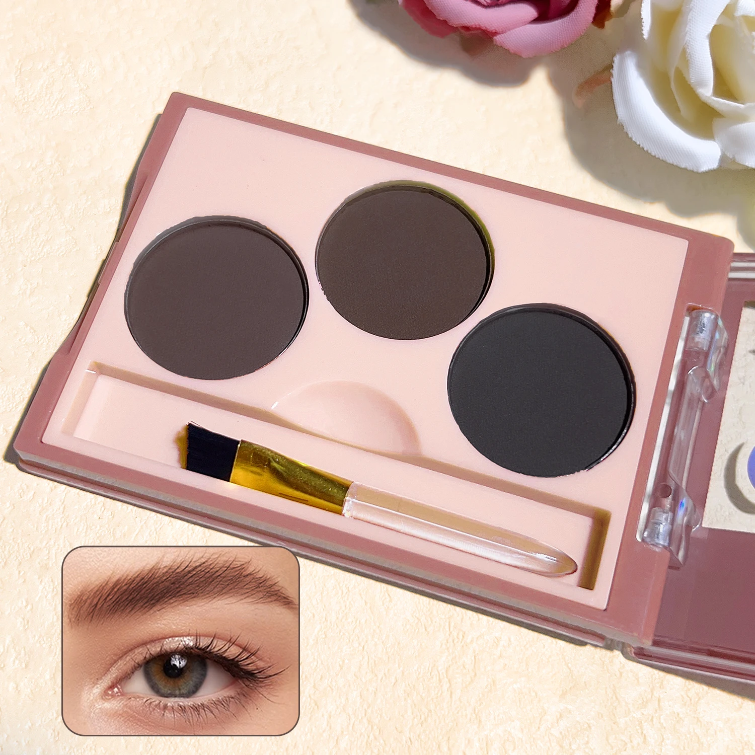 Uma caixa de pó de sobrancelha de três cores e creme de tintura de sobrancelha, maquiagem multiuso e fácil de aplicar para iniciantes, cinza fumaça natural