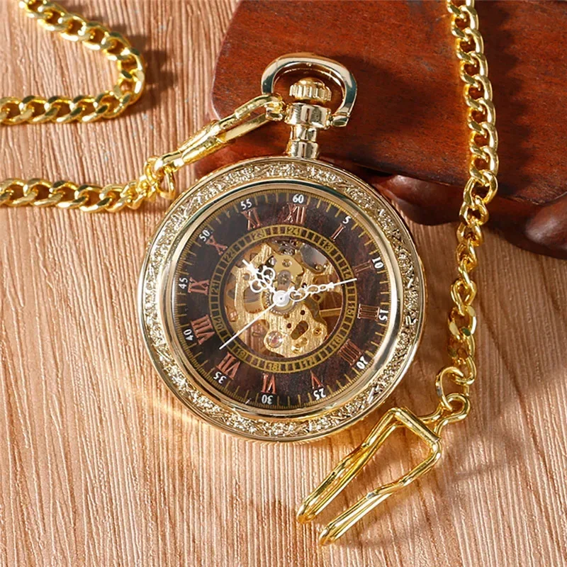 Yellow Gold Pocket Watch Unisex Handwind Mechanical Watches Skeleton Clock Open Face with Pendant Chain Relgio De Bolso