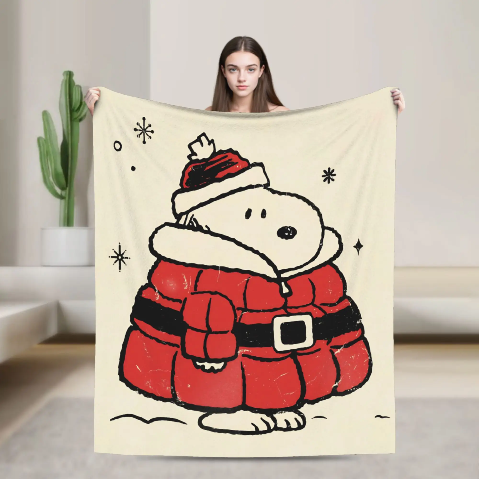 S-Snoopys Xmas Christmas Kawaii Santa Blanket Cover Flannel  Super Warm Throw Blankets for Home Couch Bedroom Quilt