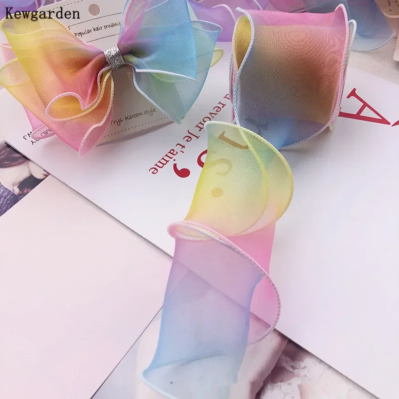 Kewgarden Wholesale Discolor Rainbow Voile Ribbon Handmade Tape DIY Hair Bowknot Flower Packing Accessories 6cm *38 Yards