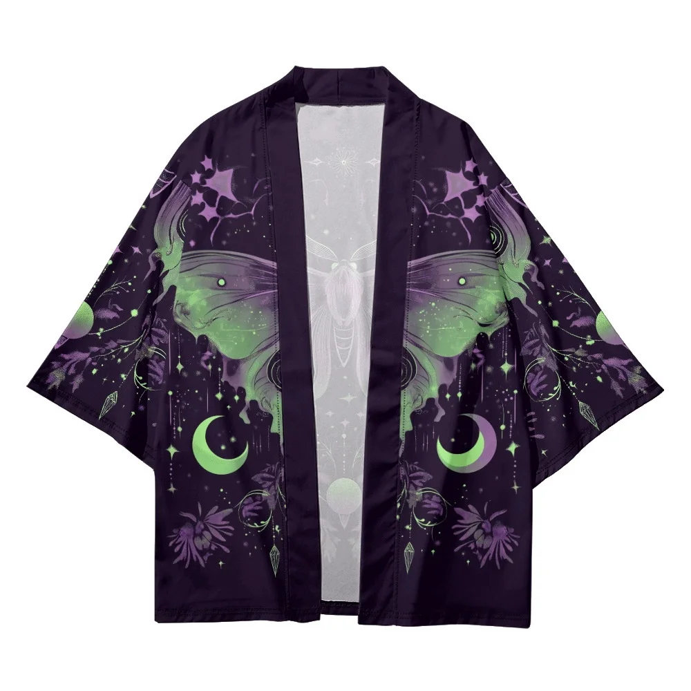 تصميم جديد الأرجواني فراشة طباعة سترة Haori للجنسين التقليدية زي قميص يوكاتا شاطئ كيمونو الملابس #3