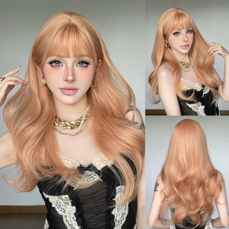 New wig for women Japanese and Korean style orange color long wavy hair fashionable air bangs full head cover