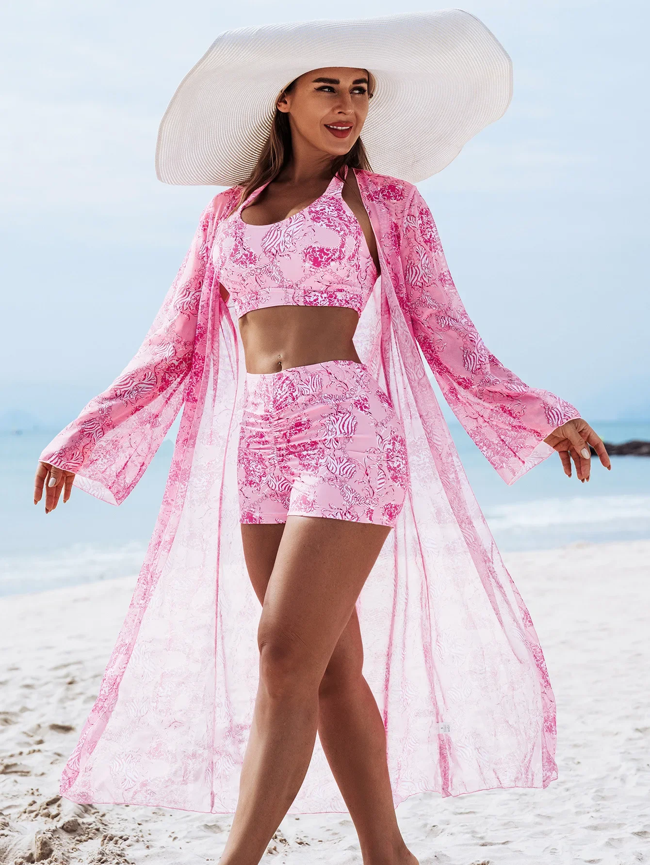 Sexy Bikini Push Up Swimwear Women Ruched 3 Piece Swimsuit with Shorts Mesh Long Sleeve Cover Up High Waisted Beach Bathing Suit