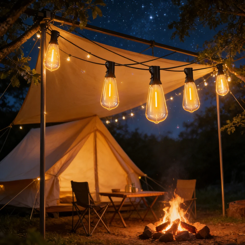 65FT Outdoor-Girlanden-Lichterkette, 48 LEDs + 2 bruchsichere ST38-Edison-Glühbirnen, wasserdicht, für Terrasse, Veranda, Garten, Hochzeit, Dekor, Lampen, 2200 K – Detail 2