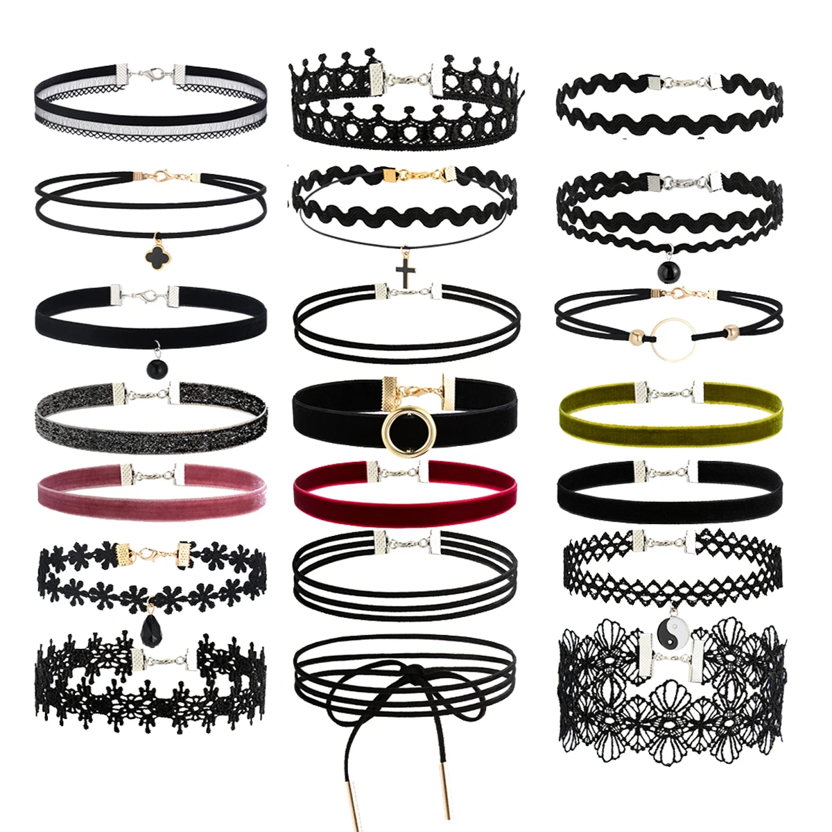 SHIXIN 21pcs/set Vintage Black Lace Choker Adjustable Rope Chain Necklace Women Goth Cross Pendant Necklace Jewelry Wholesale