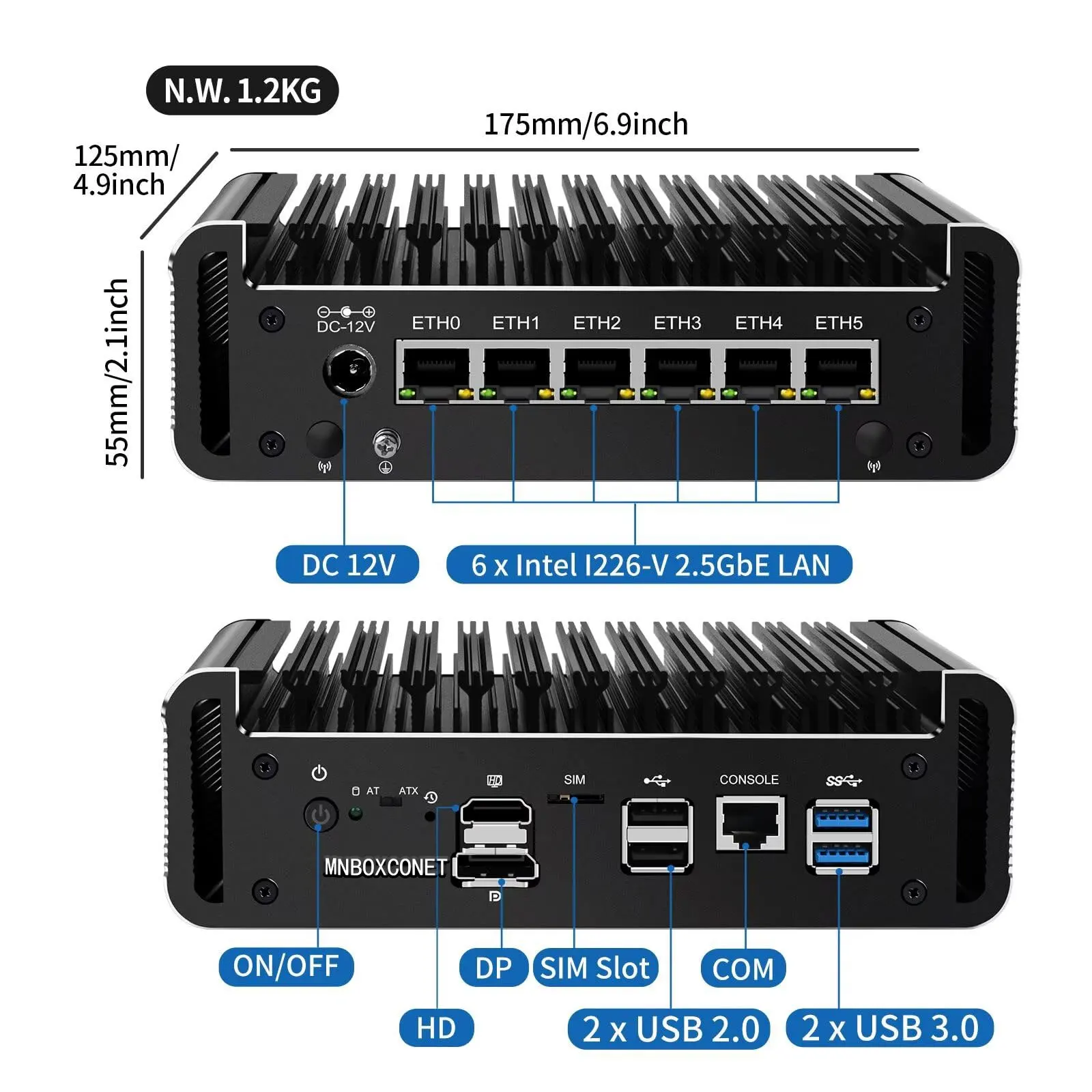 MNBOXCONET Micro Firewall Hardware Celeron J6413, Mini PC senza ventola 6Xi226V 2.5G Supporto OPNsense, Apparecchio di rete per ufficio Dual 4K