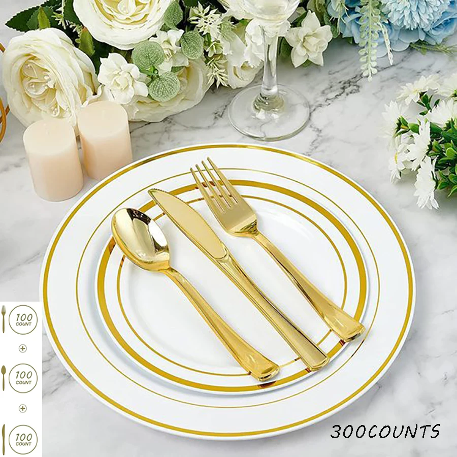 300 Pieces Gold Plastic Silver Tableware for Parties, Potlucks, Weddings and more!