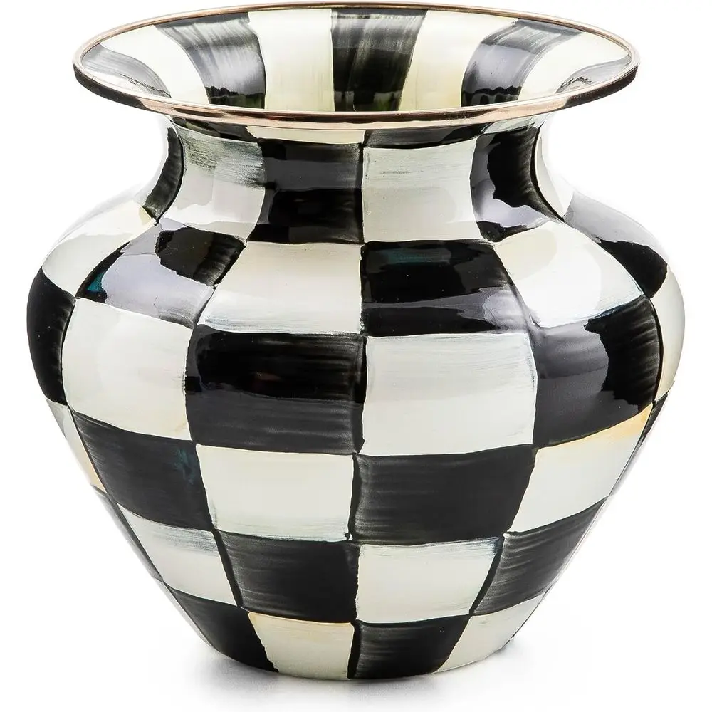 

Elegant Black & White Checkered Enamel Flower Vase for Living Room Decor