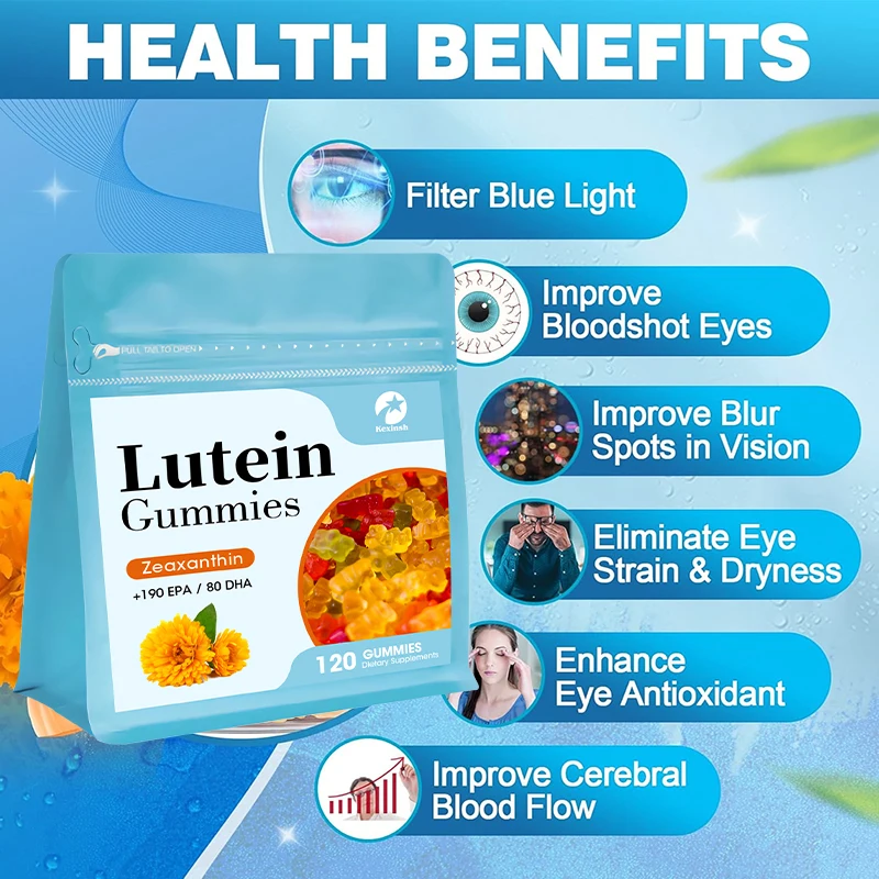 Kexinsh lutein gummies ป้องกันแสงสีฟ้าและบรรเทาอาการตาแห้งล้าและปกป้องสายตาบรรเทาอาการอักเสบจากลูทีนเหนียวสายตาสั้น