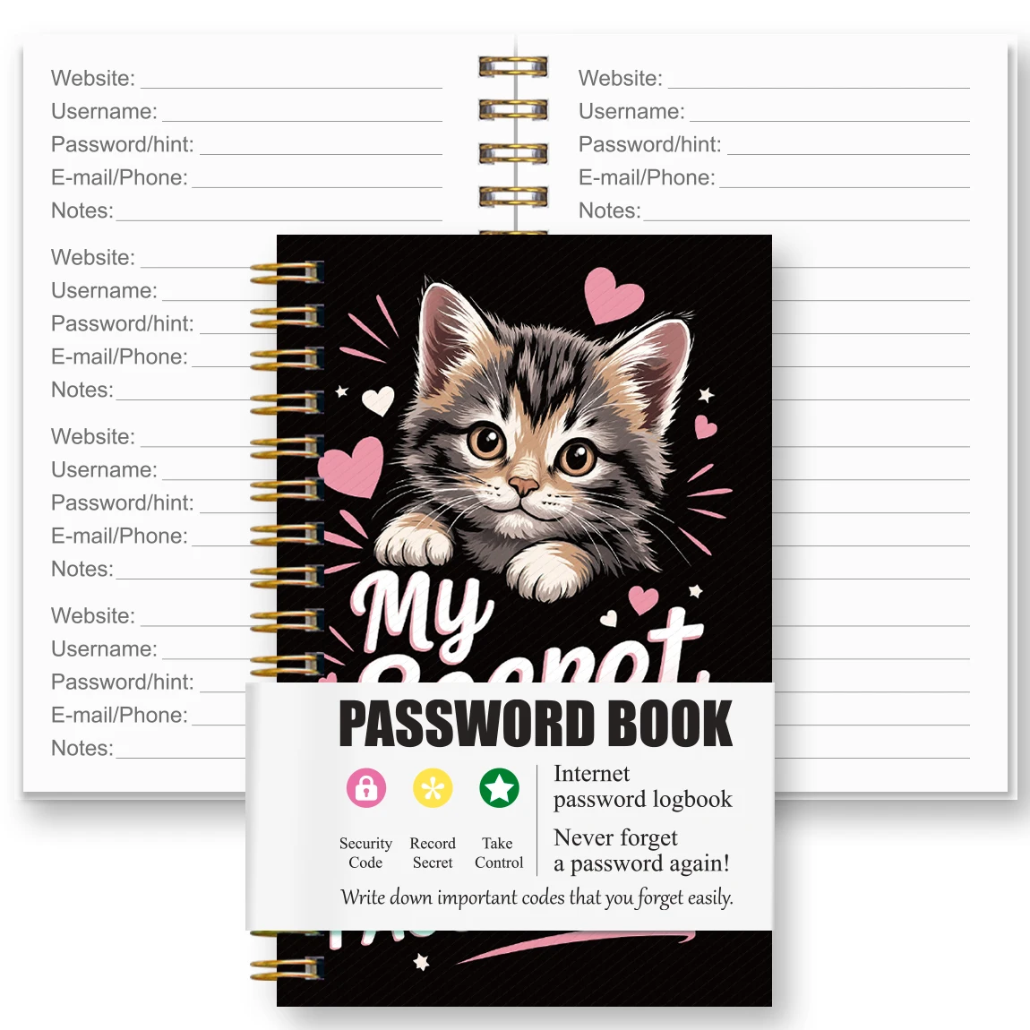 Mini Password Book with Cute Cat Cover, Spiral Password Keeper Notebook, 180 °   Lay Flat, Pocket Size