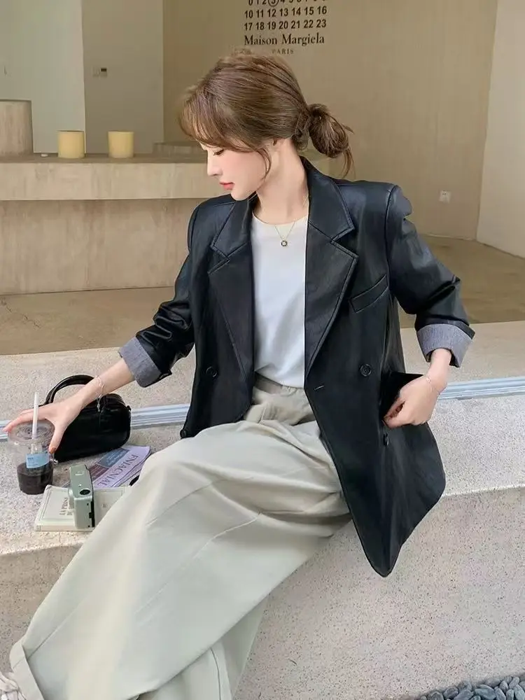 Women Faux Leather Suit Coats Solid Jacket Turn Down Collar Long Sleeve Double Breasted Loose Fit Office Lady Casual 2026 Autumn