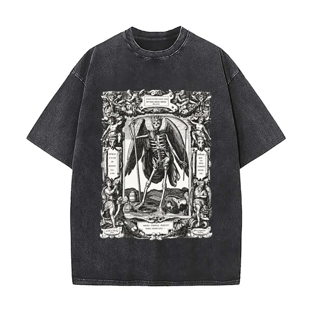 1598 Memento Mori Winged Skeleton Antique Engraving Distressed Faded Baggy Streetwear Tops for Park Hangouts
