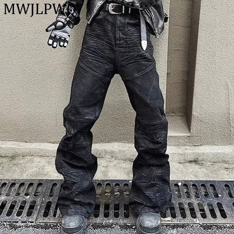 MWJLPWQ Three-Dimensional Pleated Hand-Brushed Waxed Denim Pants Men American Street Slim Slightly Flared Elastic Trousers 21180