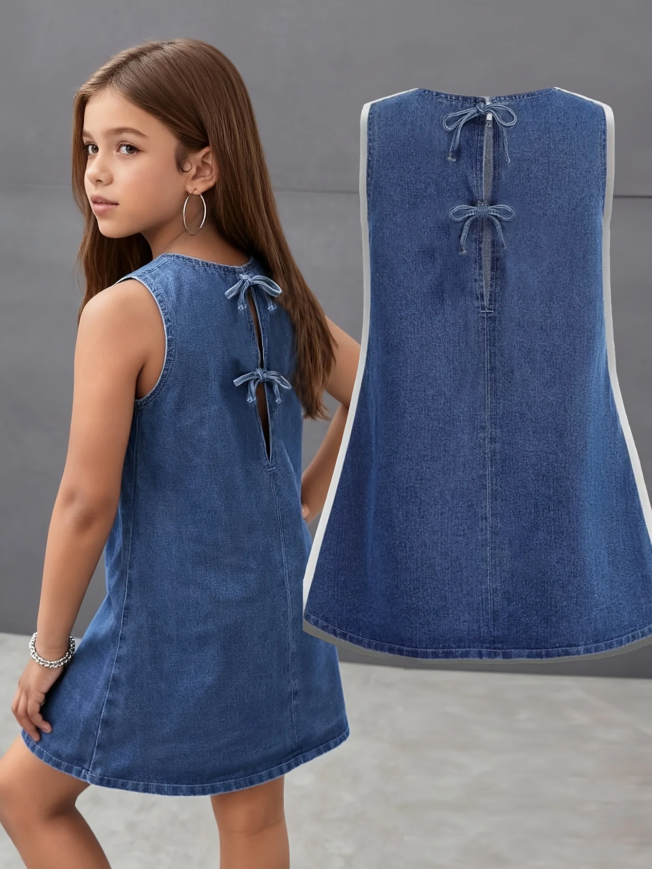 Summer Short Sleeveless Denim Dress with Bow Tie Design, Suitable for Young Girls for Summer Parties, Festivals, and Beach Wear, Suitable for Girls Aged 5-13, for Home and Outdoor Wear