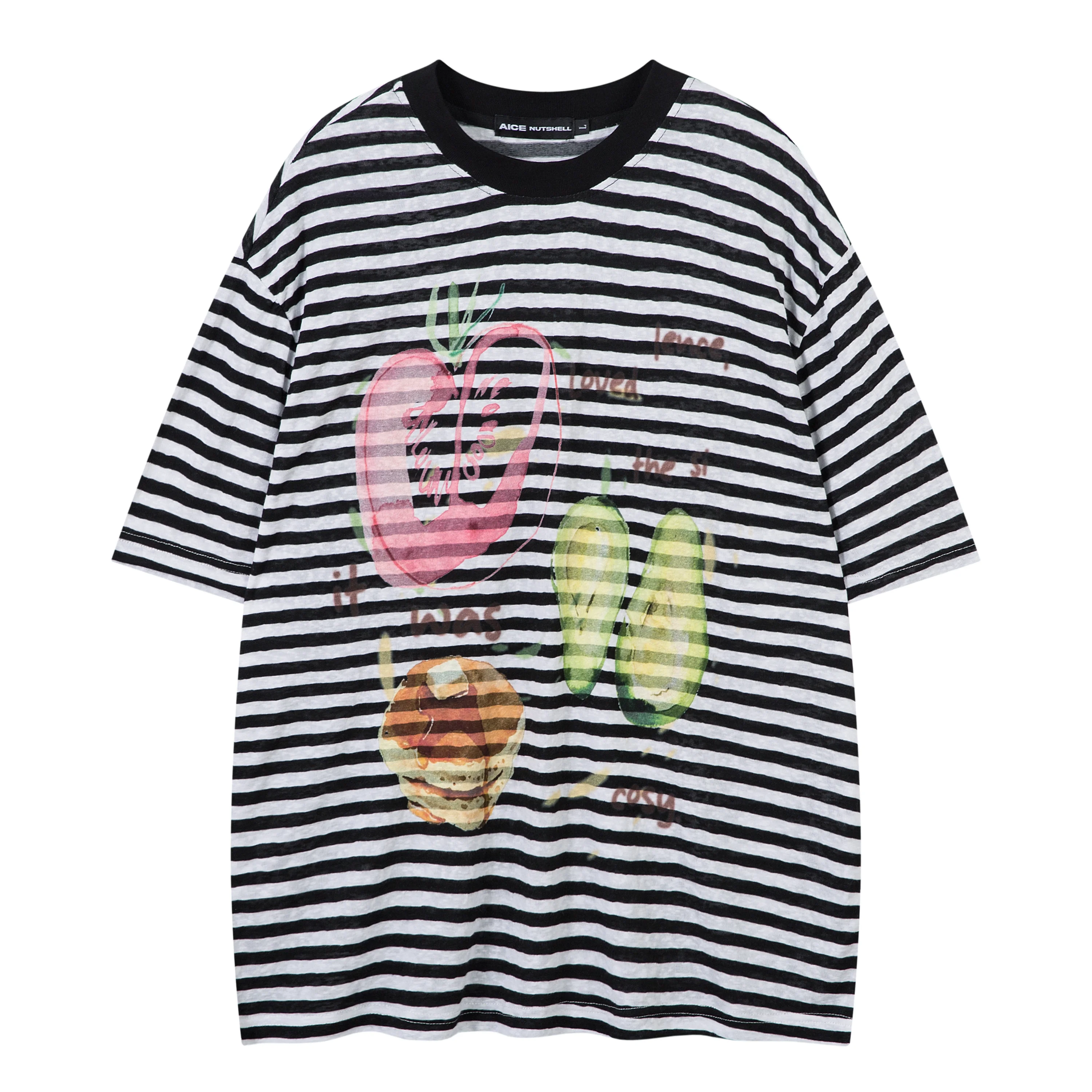 

American Style Striped Patchwork Fruit Print Short Sleeve T-shirt For Men Summer Trendy Loose Fit With Five-Point Sleeves