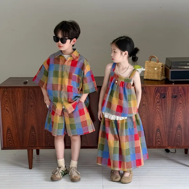 

Korean Version Lapel Colored Checkered Shirt Shorts Two-piece Set Children's Suspender Half Skirt Set 2025 for Boys and Girls