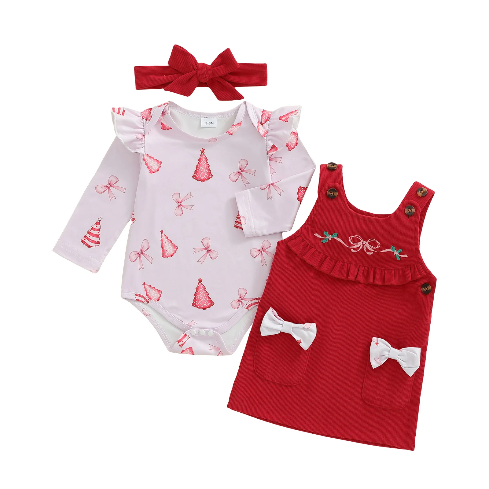 

Baby Girl Christmas Outfits Bow Tree Print Long Sleeve Round Neck Romper Sleeveless Dress Bow Headband 3 Pcs Set