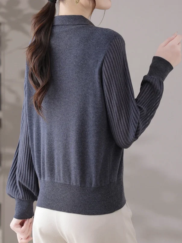 Luksusowa europejska damska dzianinowa bluzka z kołnierzykiem, długa, wełniana, bazowa, typu T-shirt, codzienna, wygodna, miękka mieszanka poliestru.