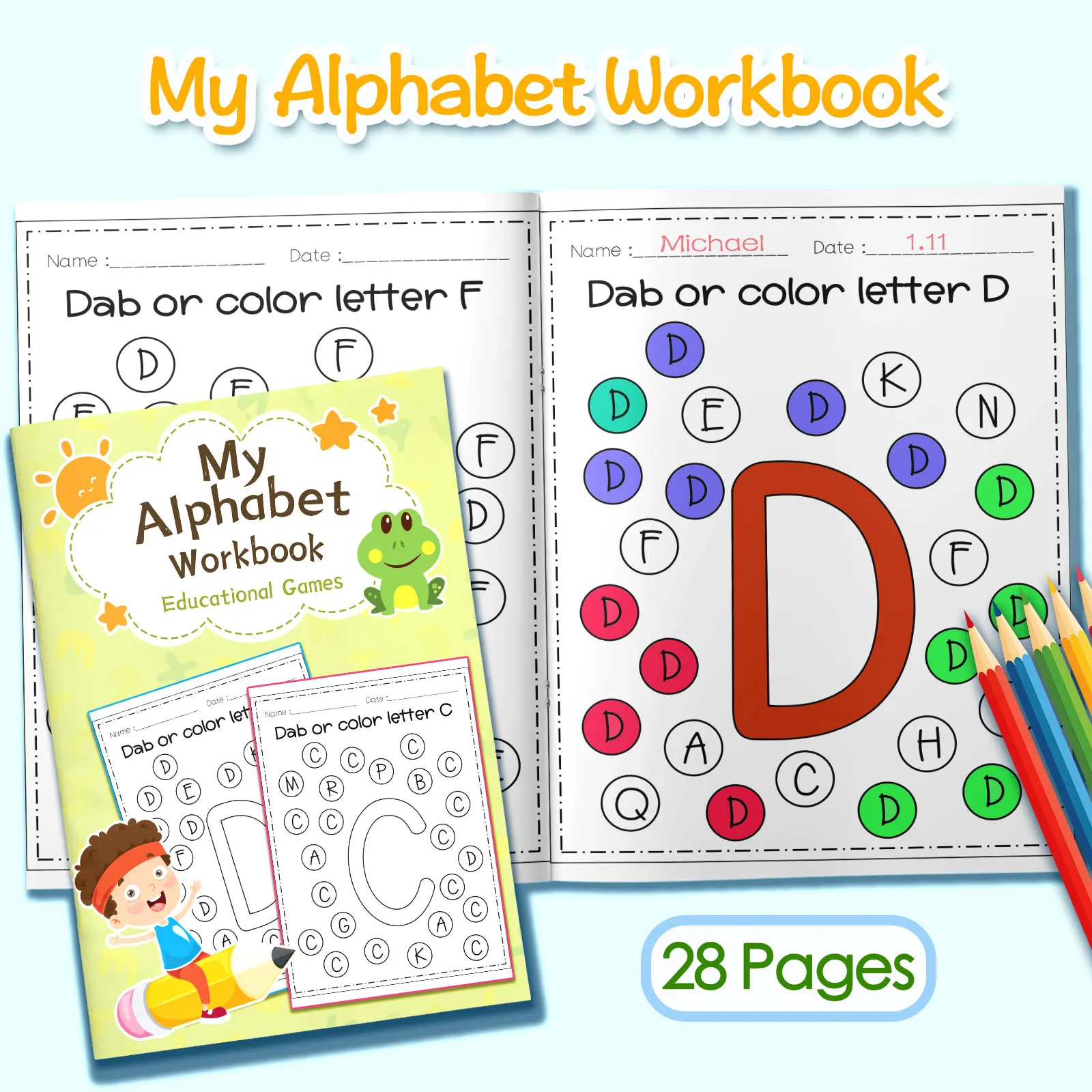 Children's alphabet coloring book, cute cartoon patterns, preschool early education workbook, boost your baby's hands-on skills