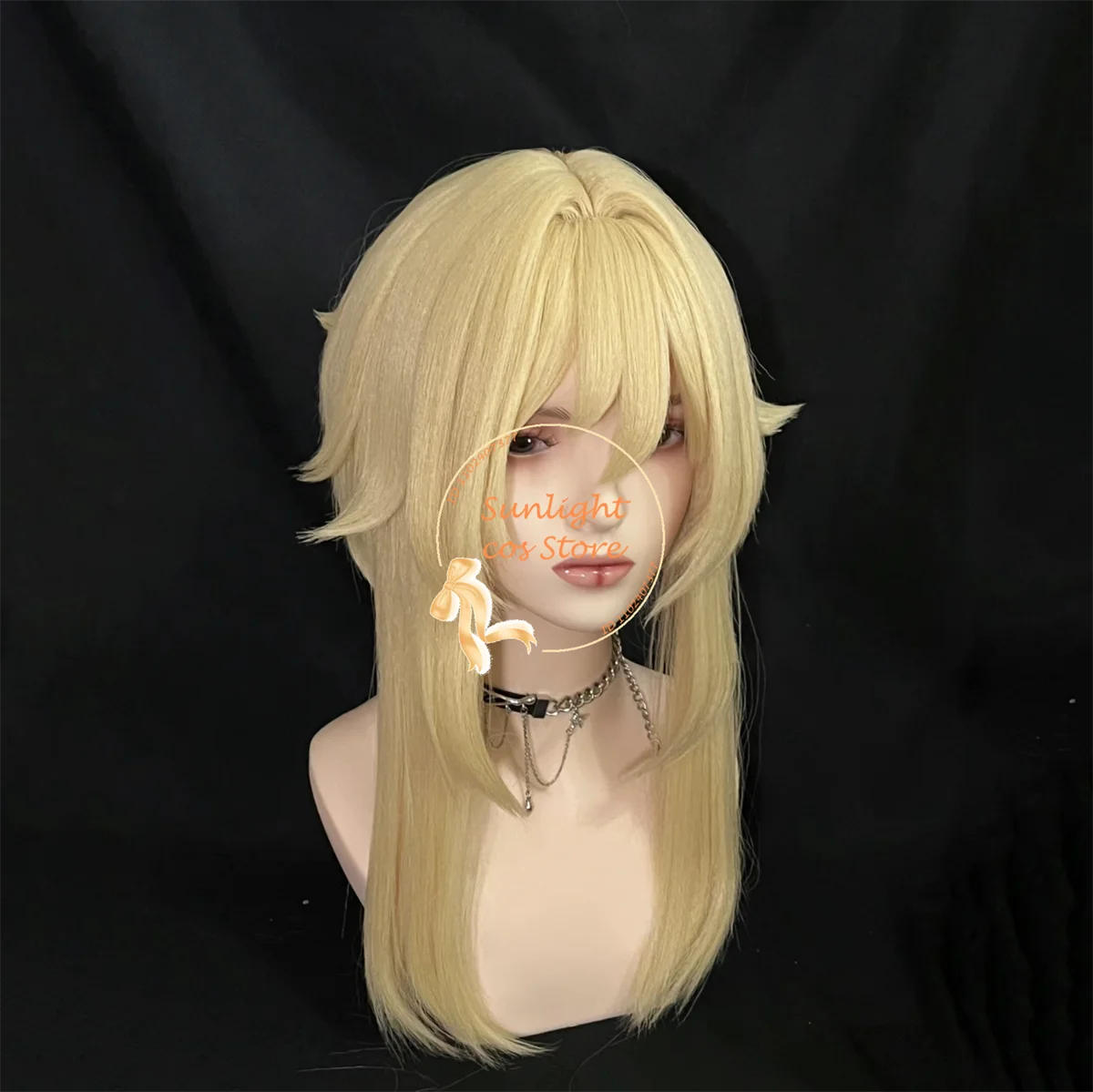 Game Traveller Lumine Cosplay Pruik 50Cm Mid Lange Blonde Scalp Lumine Anime Cosplay Pruiken Hoofddeksels Hittebestendig Synthetisch Haar