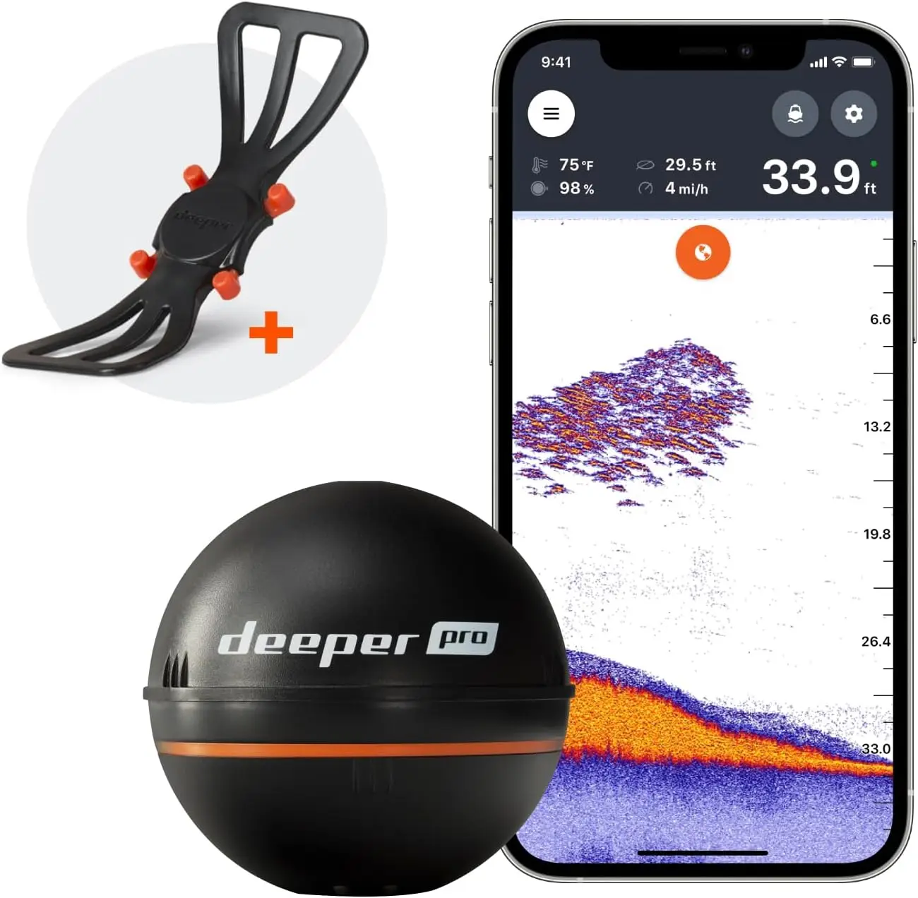 Deeper PRO Smart Sonar Fish Finder Bundle – Castable Wi-Fi Fish Finder with Smartphone Mount for Fishing Rod | Portable Depth Fi