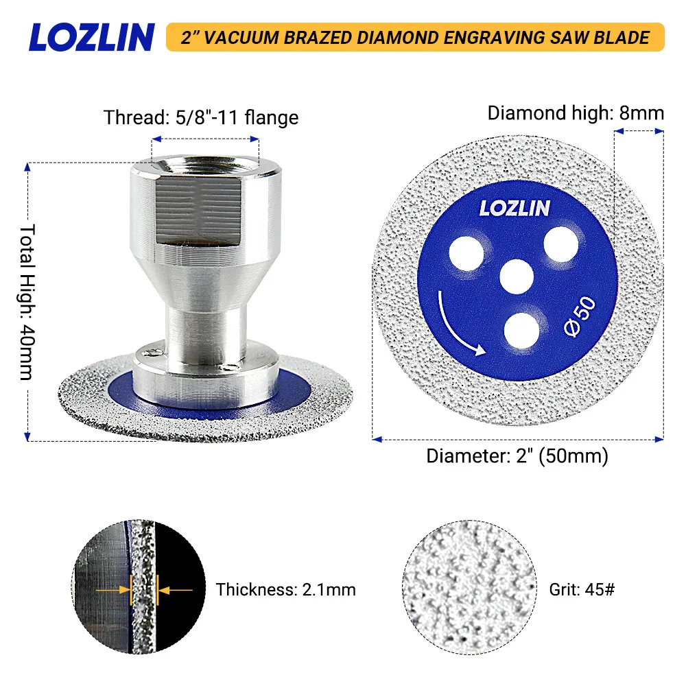 LOZLIN 50mm Diamond Mini Saw Blade with Thread Stone Cutting Disc Granite Sandstone Concrete Lettering Carving Grinding Tool