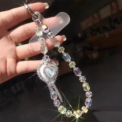 Luxury Flash Rhinestone Love Heart Tassel Bead Mobile Phone Lanyard Wrist Strap Lady Hand-held Chain Short Anti-lost Key Pendant