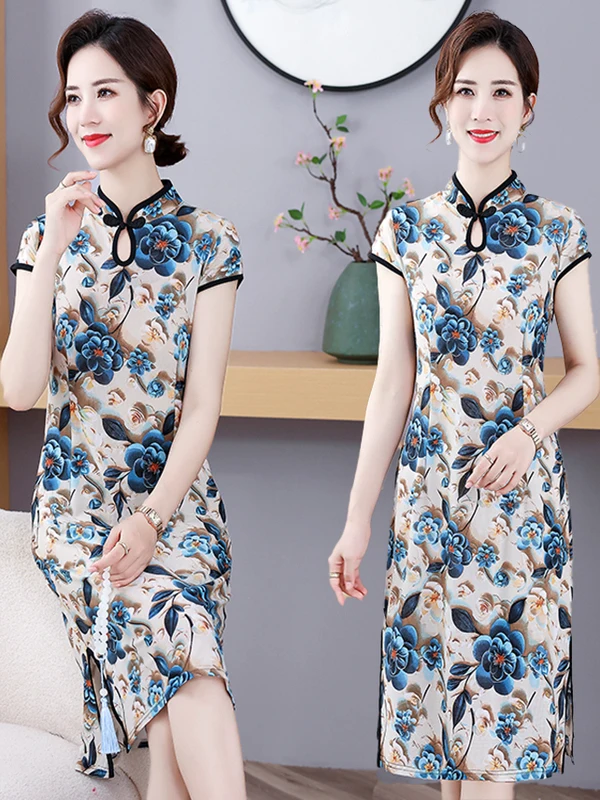 

Slimming Midi Qipao Dress Mommy Style Summer New Arrival for Middle-Aged And Elderly Women Elegant Personality Long Sleeve