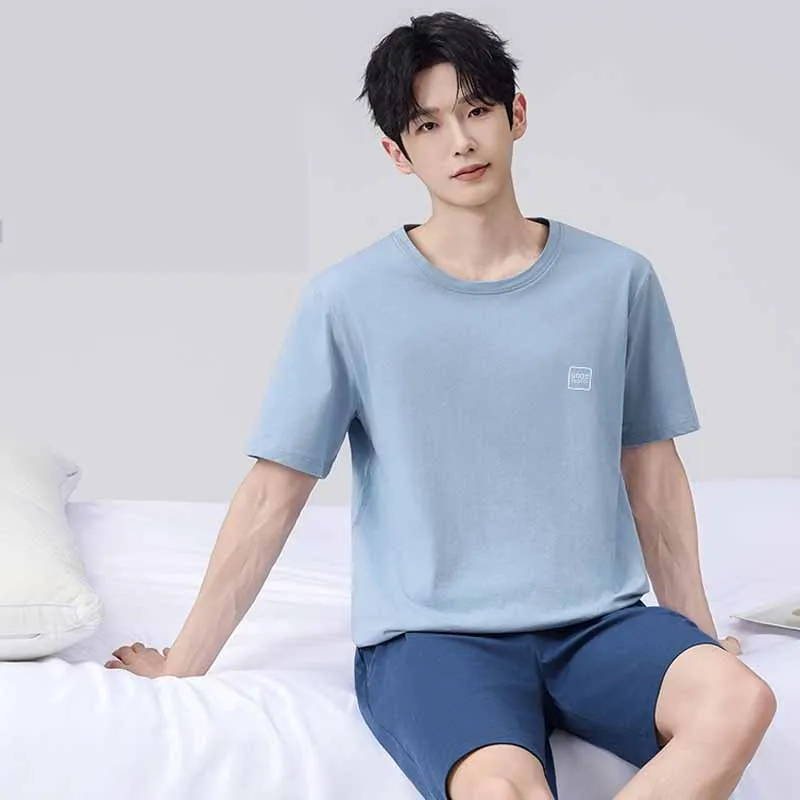 

Summer New Cotton Man Pajamas 2Pcs Short Sleeves Shirt&shorts Sleepwear Casual Round Neck Home Clothes Loose Nightwear