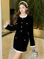 Elegant Tweed-style Fashion Suit Set for Women Female, Autumn 2024 Early Fall New Velvet Top with Short Skirt, Two-piece Set