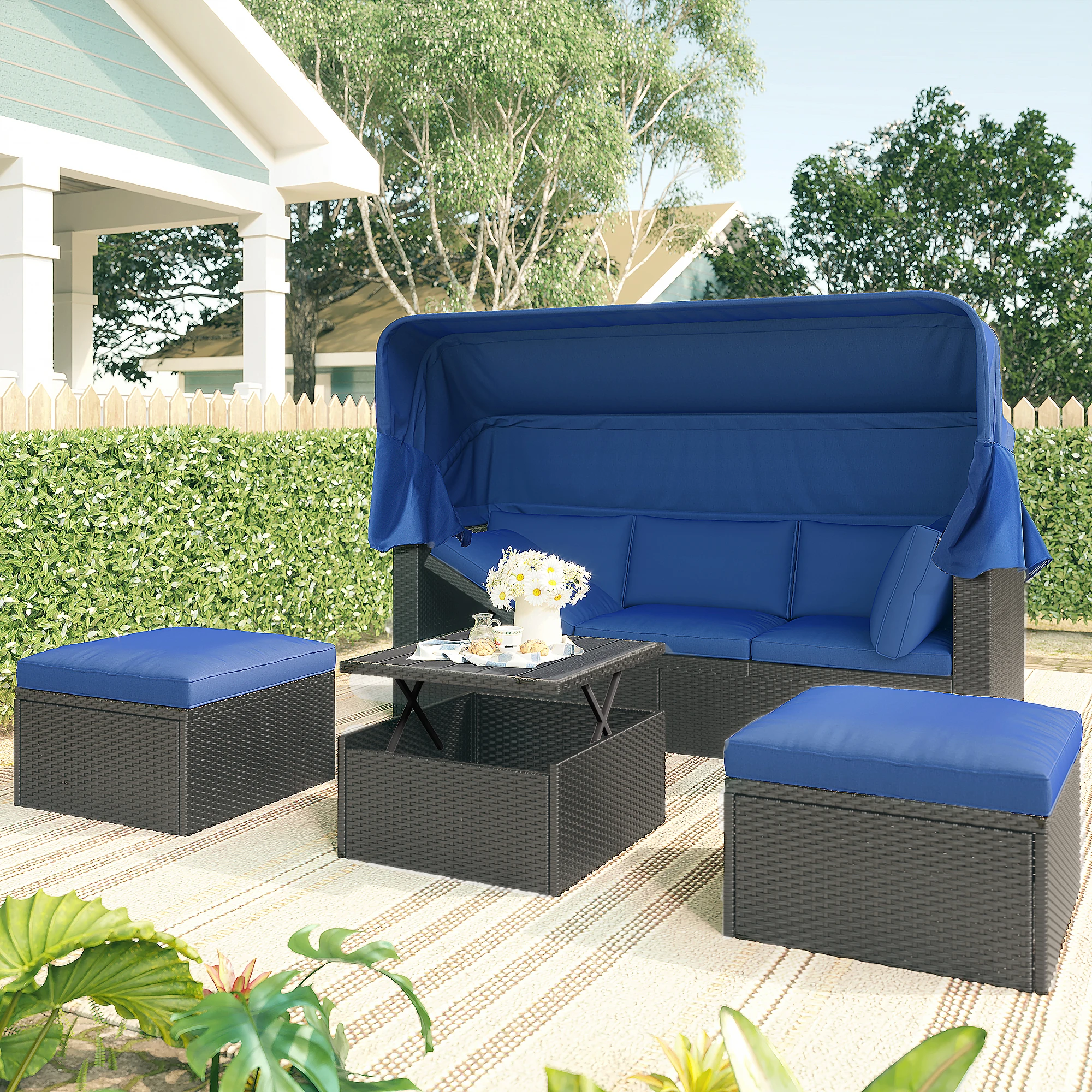 

Outdoor Patio Rectangle Daybed with Retractable Canopy, Wicker Furniture Sectional Seating with Washable Cushions, Backyard