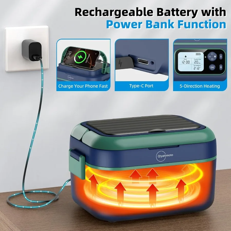 صندوق غداء ساخن مع طاقة كهربائية لاسلكية 24000 مللي أمبير في الساعة 6.3 أكواب محمولة قابلة لإعادة الشحن ذاتية التسخين لتدفئة الطعام تتميز بمؤقت #3
