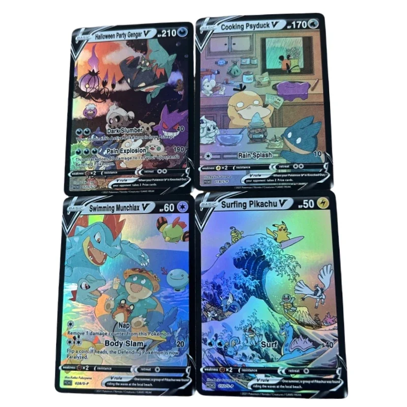 Gengar Cooking Psyduck-Juego de cartas de Pokémon para fiesta de Halloween, tarjetas Flash de refracción hechas a mano, juego clásico de Anime, juguete de colección, 4 piezas por juego