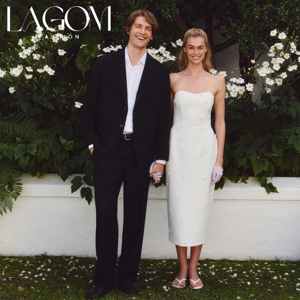 Lagom Elegant Simple Strapless Straight Satin Pearl Minimalist Tea-Length Wedding Dress Stylish New Vestidos De Novia Customized